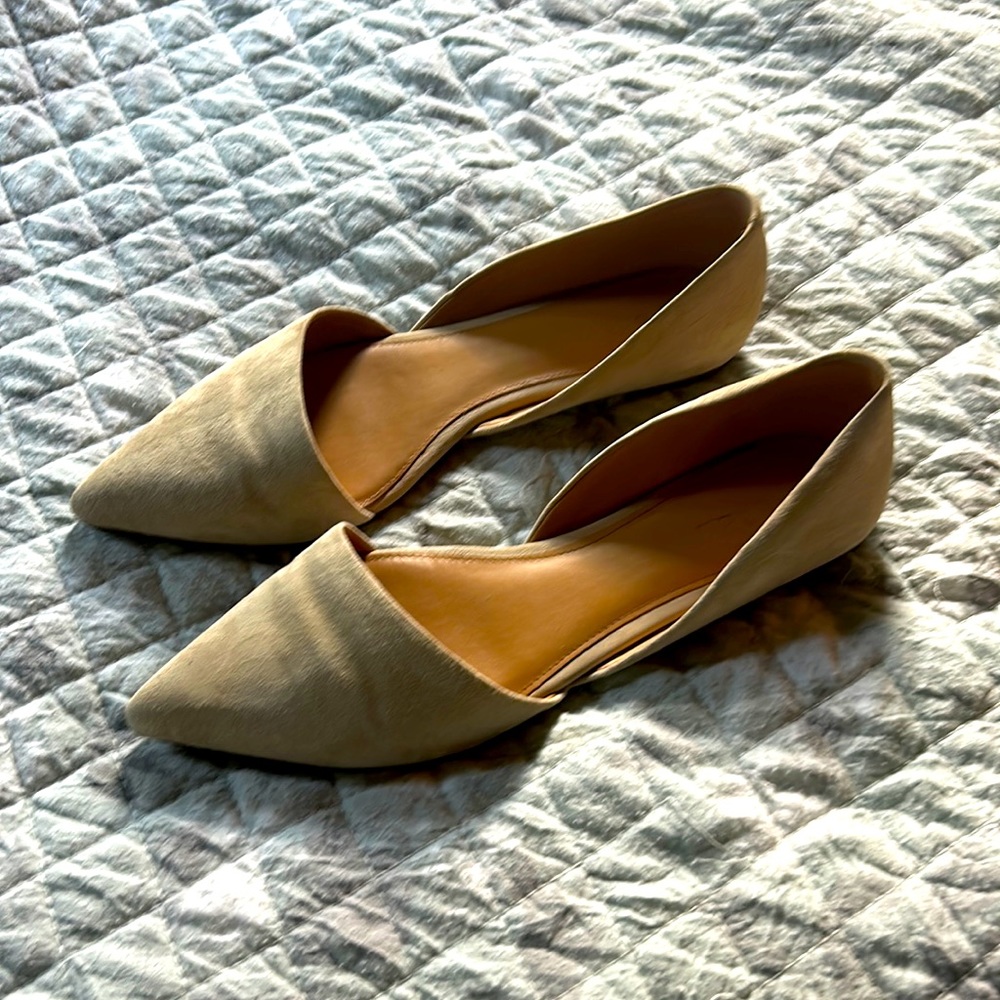 J.Crew suede D’Orsay flats. Very comfortable. Just a little too big for me.